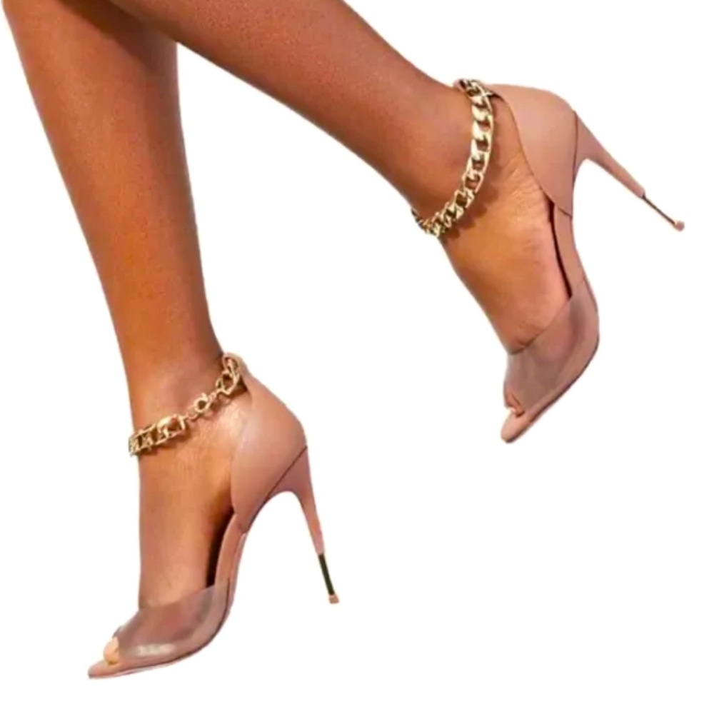 Carvela Kurt Geiger of London REBEL Nude & Clear Gold Chain Ankle Strap Heel NEW